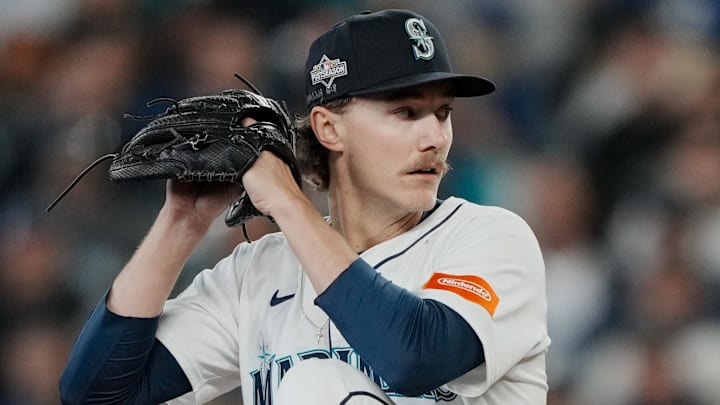 Oct 17, 2025; Seattle, Washington, USA; Seattle Mariners pitcher Bryce Miller (50) throws a pitch against the Toronto Blue Jays in the first inning during game five of the ALCS round for the 2025 MLB playoffs at T-Mobile Park. Mandatory Credit: Stephen Brashear-Imagn Images Oct 17, 2025; Seattle, Washington, USA; Seattle Mariners pitcher Bryce Miller (50) throws a pitch against the Toronto Blue Jays in the first inning during game five of the ALCS round for the 2025 MLB playoffs at T-Mobile Park. Mandatory Credit: Stephen Brashear-Imagn Images