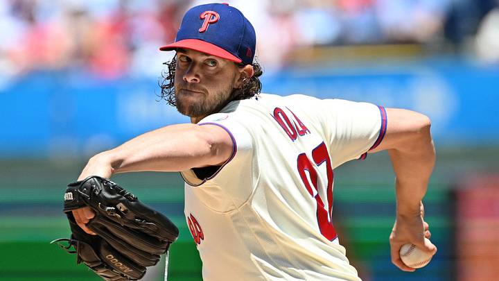 Jun 7, 2026; Philadelphia, Pennsylvania, USA; Philadelphia Phillies pitcher Aaron Nola (27) throws a pitch against the Chicago White Sox during the first inning at Citizens Bank Park.