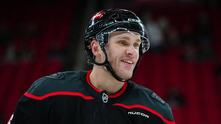 Mar 6, 2025; Raleigh, North Carolina, USA;  Carolina Hurricanes right wing Mikko Rantanen (96) looks on during the warmups before the game against the Boston Bruins at Lenovo Center. Mandatory Credit: James Guillory-Imagn Images