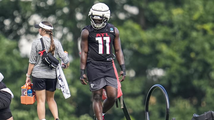 Jul 24, 2025; Flowery Branch, GA, USA; Atlanta Falcons linebacker Jalon Walker (11) shown on the field during training camp at IBM Performance Field. Mandatory Credit: Dale Zanine-Imagn Images