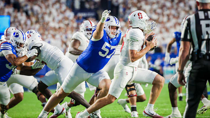 BYU defensive Keanu Tanuvasa gets a sack against Stanford BYU defensive Keanu Tanuvasa gets a sack against Stanford