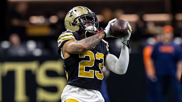 Oct 17, 2024; New Orleans, Louisiana, USA;  New Orleans Saints cornerback Marshon Lattimore (23) during the warmups before the game against the Denver Broncos at Caesars Superdome. Mandatory Credit: Stephen Lew-Imagn Images