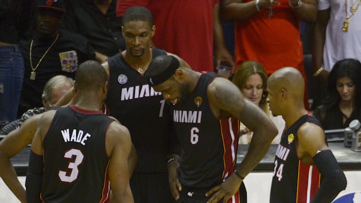 Jun 13, 2013; San Antonio, TX, USA; Miami Heat shooting guard Dwyane Wade (3), LeBron James (6), Chris Bosh (1), and Ray Allen (34) talk during a time-out San Antonio Spurs during the second quarter of game four of the 2013 NBA Finals at the AT&T Center. Mandatory Credit: Brendan Maloney-Imagn Images