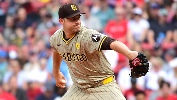 Jun 29, 2024; Boston, Massachusetts, USA;  San Diego Padres starting pitcher Michael King (34) pitches during the first inning against the Boston Red Sox at Fenway Park. Mandatory Credit: Bob DeChiara-Imagn Images