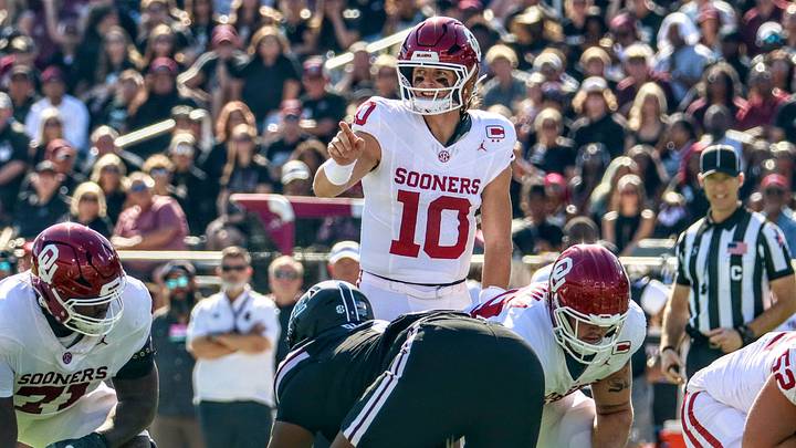 Oklahoma quarterback John Mateer prepares for a snap against Mississippi State.