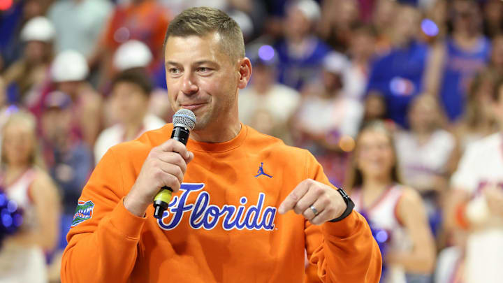 New Gator head football coach Jon Sumrall fires up the crowd during the first half an NCAA basketball game at Steven C. O'Connell Center Exactek arena in Gainesville, FL on Saturday, January 24, 2026. Students, who get in free, have a limited number of seats so many camp out overnight. [Alan Youngblood/Gainesville Sun]