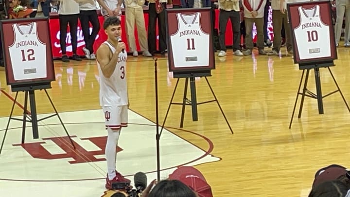 Indiana senior Anthony Leal speaks to the crowd at Simon Skjodt Assembly Hall during Senior Day activities after Indiana's 66-60 victory over Ohio State on March 8, 2025. Indiana senior Anthony Leal speaks to the crowd at Simon Skjodt Assembly Hall during Senior Day activities after Indiana's 66-60 victory over Ohio State on March 8, 2025.