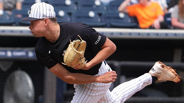 Mar 10, 2025; Tampa, Florida, USA; New York Yankees pitcher Will Warren (98) throws a pitch against the Detroit Tigers during the first inning at George M. Steinbrenner Field. Mar 10, 2025; Tampa, Florida, USA; New York Yankees pitcher Will Warren (98) throws a pitch against the Detroit Tigers during the first inning at George M. Steinbrenner Field.