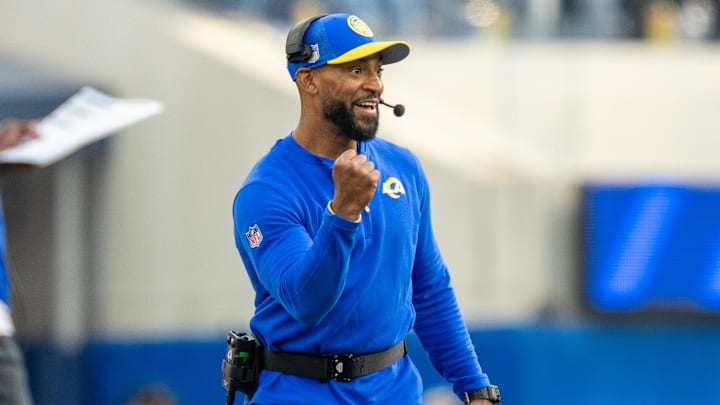October 15, 2023; Inglewood, California, USA; Los Angeles Rams defensive backs/pass game coordinator Aubrey Pleasant during the third quarter against the Arizona Cardinals at SoFi Stadium. Mandatory Credit: Kyle Terada-Imagn Images