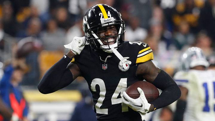 Pittsburgh Steelers cornerback Joey Porter Jr. reacts after an interception against the Dallas Cowboys at Acrisure Stadium. 