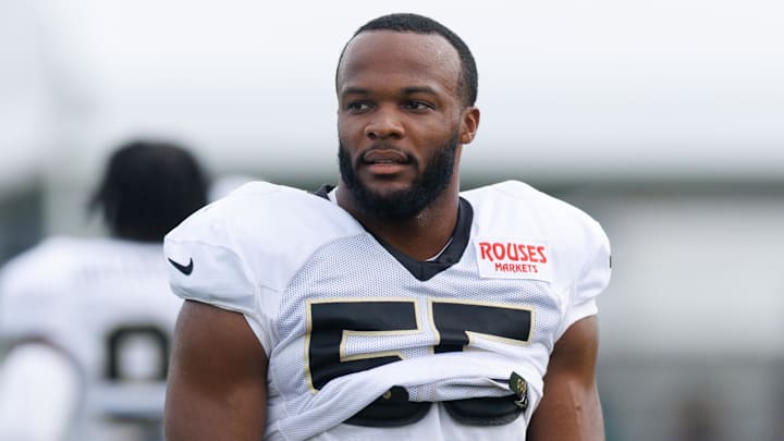 Jul 30, 2025; New Orleans, LA, USA; New Orleans Saints defensive end Isaiah Foskey (55) during training camp at Ochsner Sports Performance Center. Mandatory Credit: Stephen Lew-Imagn Images Jul 30, 2025; New Orleans, LA, USA; New Orleans Saints defensive end Isaiah Foskey (55) during training camp at Ochsner Sports Performance Center. Mandatory Credit: Stephen Lew-Imagn Images
