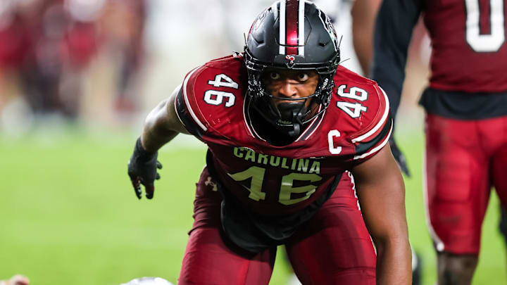 Sep 6, 2025; Columbia, South Carolina, USA; South Carolina Gamecocks linebacker Bryan Thomas Jr. (46) celebrates a sack against the South Carolina State Bulldogs in the second quarter at Williams-Brice Stadium. Mandatory Credit: Jeff Blake-Imagn Images