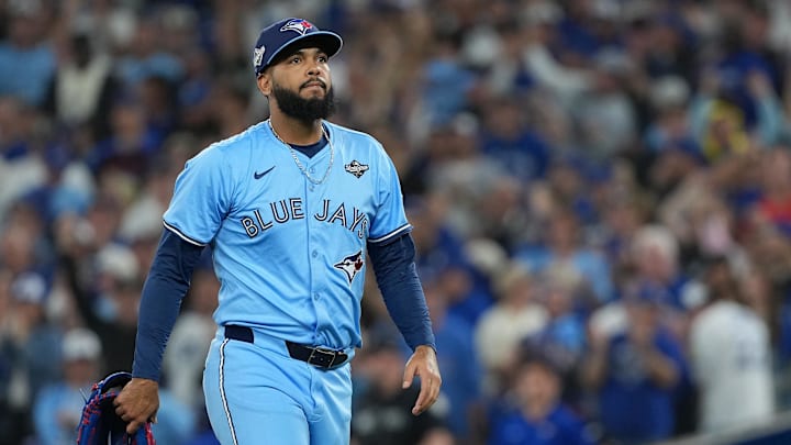 Oct 31, 2025; Toronto, Ontario, CAN; Toronto Blue Jays pitcher Seranthony Dominguez (48) reacts after getting a strike out against the Los Angeles Dodgers in the eighth inning for game six of the 2025 MLB World Series at Rogers Centre. 