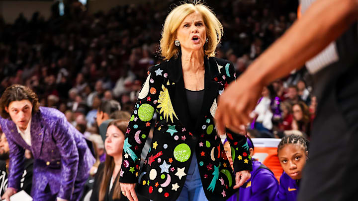 Jan 24, 2025; Columbia, South Carolina, USA; LSU Lady Tigers head coach Kim Mulkey disputes a call during the game against the South Carolina Gamecocks in the first half at Colonial Life Arena. Mandatory Credit: Jeff Blake-Imagn Images