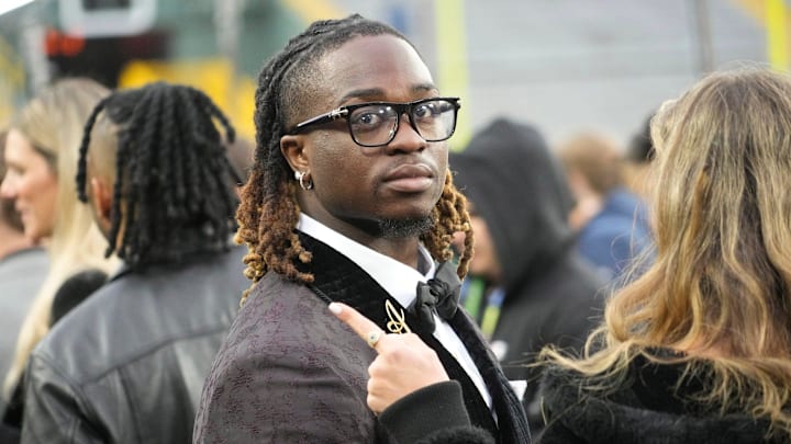 NFL draft prospect, Ashton Jeanty of Boise State, during the NFL Draft Red Carpet event at Lambeau Field in Green Bay on Thursday, April 24, 2025.