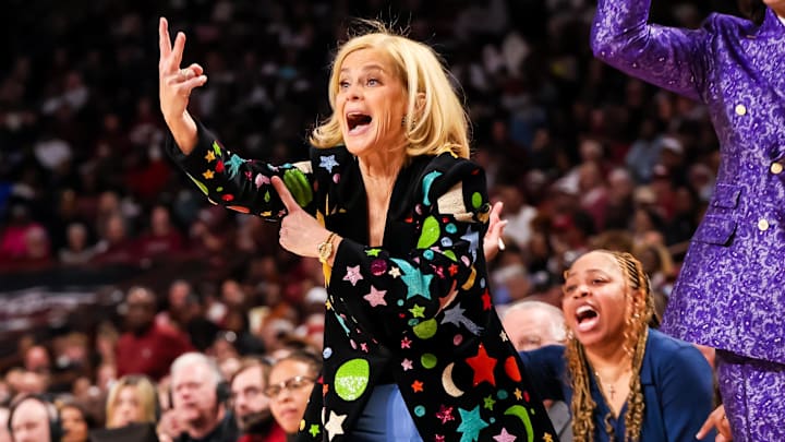 Jan 24, 2025; Columbia, South Carolina, USA; LSU Lady Tigers head coach Kim Mulkey disputes a call during the game against the South Carolina Gamecocks in the second half at Colonial Life Arena. Mandatory Credit: Jeff Blake-Imagn Images