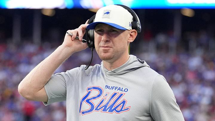 Aug 27, 2026; Orchard Park, New York, USA; Buffalo Bills head coach Joe Brady looks on during the first quarter against the Pittsburgh Steelers at New Highmark Stadium. Aug 27, 2026; Orchard Park, New York, USA; Buffalo Bills head coach Joe Brady looks on during the first quarter against the Pittsburgh Steelers at New Highmark Stadium.