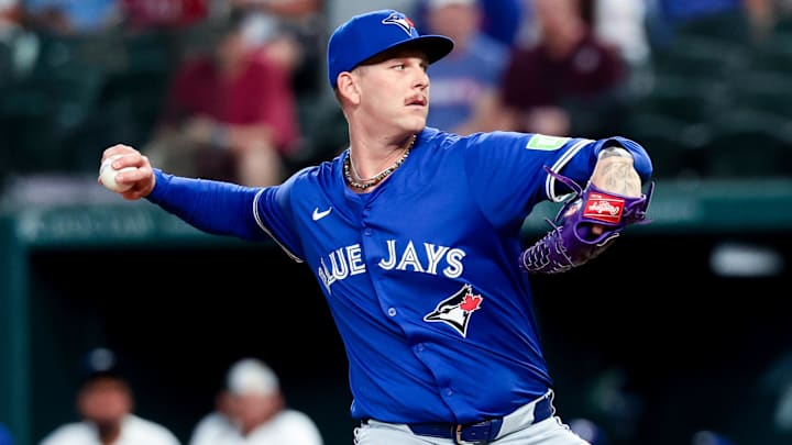 May 27, 2025; Arlington, Texas, USA; Toronto Blue Jays starting pitcher Bowden Francis (44) throws during the first inning against the Texas Rangers at Globe Life Field. 
