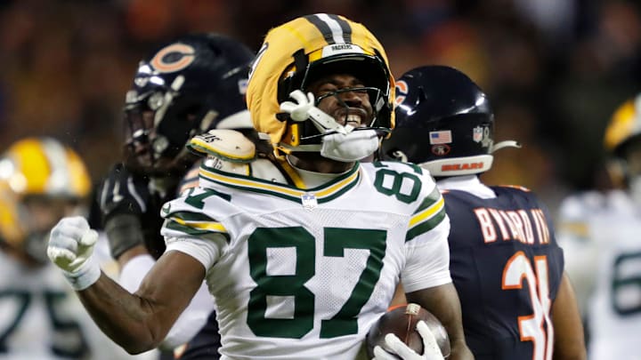 Green Bay Packers wide receiver Romeo Doubs (87) celebrates a first down reception against the Chicago Bears in the fourth quarter during their wild-card playoff football game Saturday, January 10, 2026, at Soldier Field in Chicago, Illinois.