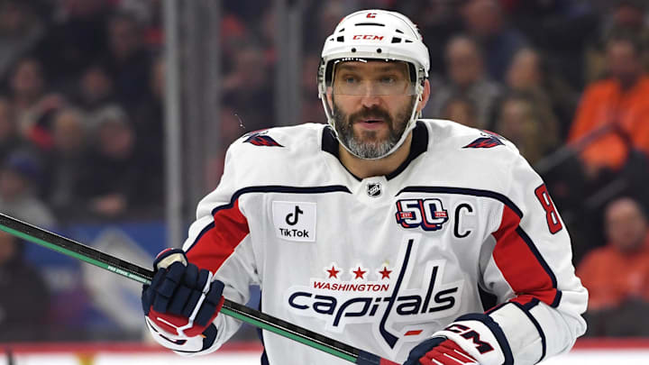 Feb 6, 2025; Philadelphia, Pennsylvania, USA; Washington Capitals left wing Alex Ovechkin (8) against the Philadelphia Flyers at Wells Fargo Center. Mandatory Credit: Eric Hartline-Imagn Images Feb 6, 2025; Philadelphia, Pennsylvania, USA; Washington Capitals left wing Alex Ovechkin (8) against the Philadelphia Flyers at Wells Fargo Center. Mandatory Credit: Eric Hartline-Imagn Images