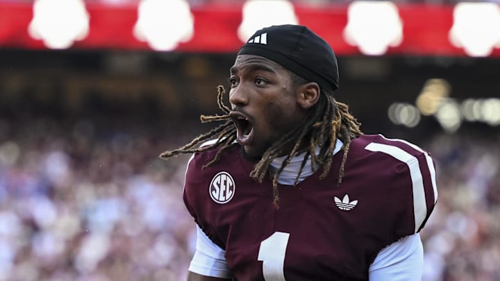 Oct 11, 2025; College Station, Texas, USA; Texas A&M Aggies wide receiver Mario Craver (1) reacts prior to the game against the Florida Gators at Kyle Field. Mandatory Credit: Maria Lysaker-Imagn Images 