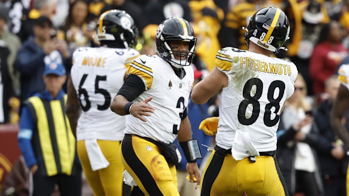 Nov 10, 2024; Landover, Maryland, USA; Pittsburgh Steelers quarterback Russell Wilson (3) celebrates with Steelers tight end Pat Freiermuth (88) after connecting on a touchdown pass against the Washington Commanders during the first half at Northwest Stadium. Mandatory Credit: Geoff Burke-Imagn Images