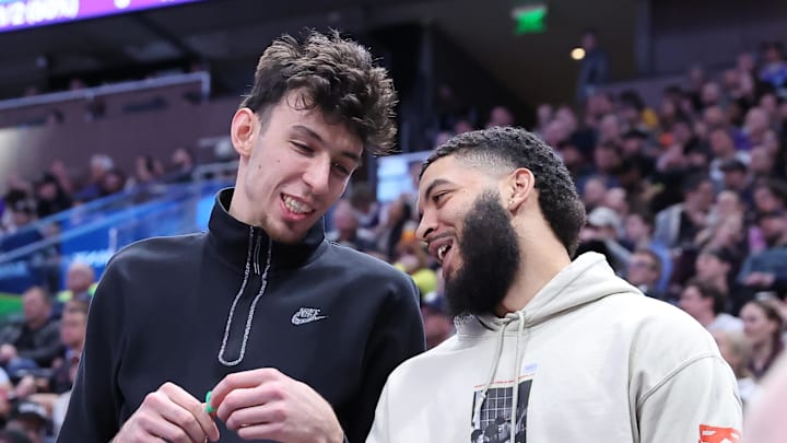 Apr 6, 2023; Salt Lake City, Utah, USA; Oklahoma City Thunder forward Chet Holmgren (left) and