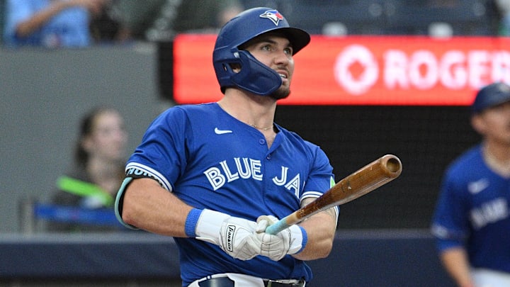 Toronto Blue Jays second baseman Spencer Horwitz (48) hits a solo home run against the Houston Astros in the third inning at Rogers Centre. Toronto Blue Jays second baseman Spencer Horwitz (48) hits a solo home run against the Houston Astros in the third inning at Rogers Centre.