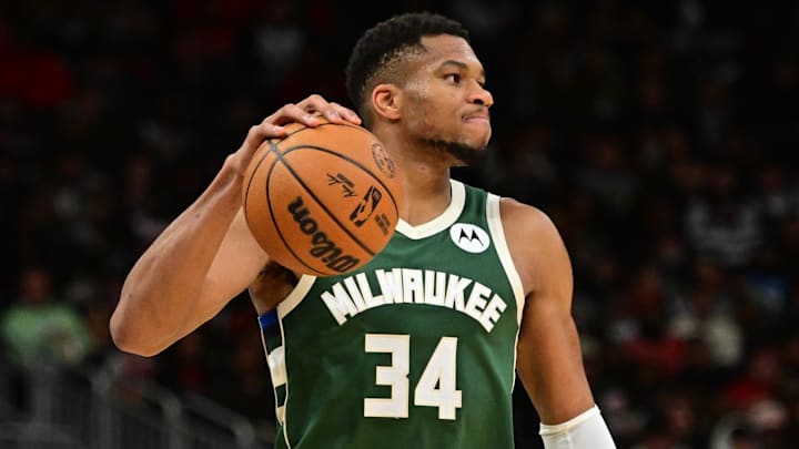 Nov 20, 2024; Milwaukee, Wisconsin, USA; Milwaukee Bucks forward Giannis Antetokounmpo (34) reacts in the third quarter against the Chicago Bulls at Fiserv Forum. Mandatory Credit: Benny Sieu-Imagn Images