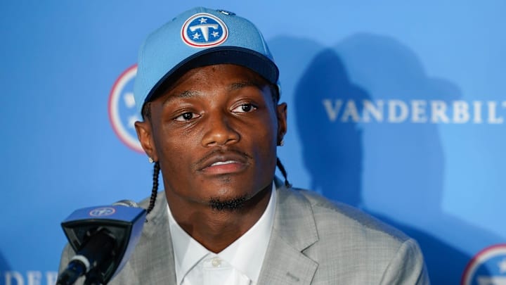 Wide receiver Carnell Tate takes questions at the Titans' practice facility in Nashville, Tenn., Friday, April 24, 2026. He was the Titans first draft pick for 2026.