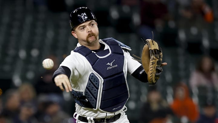 Apr 27, 2023; Detroit, Michigan, USA; Detroit Tigers catcher Jake Rogers (34) makes a throw in the