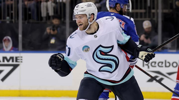 Jan 12, 2026; New York, New York, USA; Seattle Kraken center Shane Wright (51) celebrates his goal against the New York Rangers during the third period at Madison Square Garden. Mandatory Credit: Brad Penner-Imagn Images