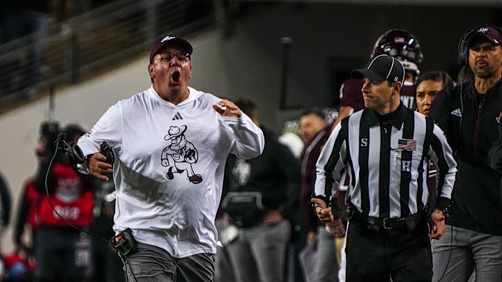 Texas A&M head coach Mike Elko reacts to an overturned tageting call against the Texas Longhorns during the Lone Star Showdown at Kyle Field on Saturday, Nov. 30, 2024 in College Station, Texas.