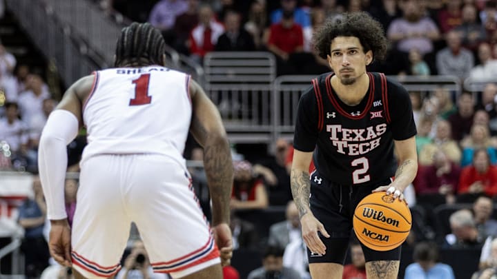 Mar 15, 2024; Kansas City, MO, USA; Texas Tech Red Raiders guard Pop Isaacs (2) brings the ball up