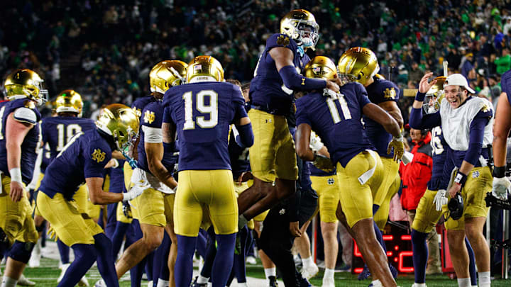 Notre Dame celebrates a touchdown scored by wide receiver Deion Colzie during a NCAA college football game against Florida State at Notre Dame Stadium on Saturday, Nov. 9, 2024, in South Bend.