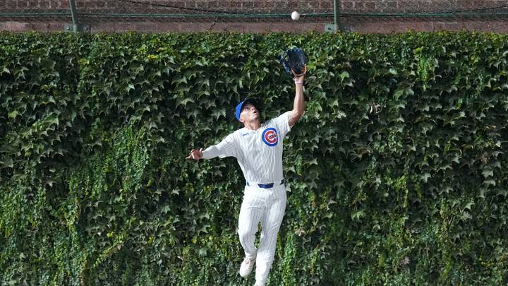 Sep 15, 2026; Chicago, Illinois, USA;  Chicago Cubs left fielder Tyrone Taylor (55) makes a catch on Atlanta Braves catcher Drake Baldwin (not pictured) during the seventh inning at Wrigley Field.  Mandatory Credit: David Banks-Imagn Images