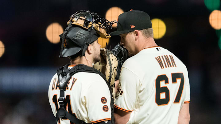 Jun 19, 2023; San Francisco, California, USA; San Francisco Giants catcher Patrick Bailey (14) talks