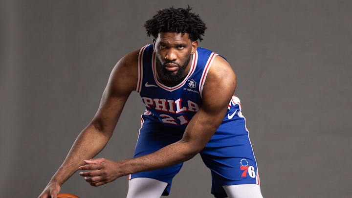 Sep 30, 2024; Camden, NJ, USA; Philadelphia 76ers center Joel Embiid (21) poses for a photo on media day at the Philadelphia 76ers Training Complex. Mandatory Credit: Bill Streicher-Imagn Images