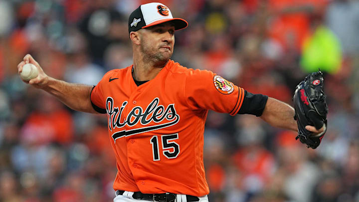 Oct 8, 2023; Baltimore, Maryland, USA; Baltimore Orioles starting pitcher Jack Flaherty (15) pitches during the fifth inning against the Texas Rangers during game two of the ALDS for the 2023 MLB playoffs at Oriole Park at Camden Yards. 