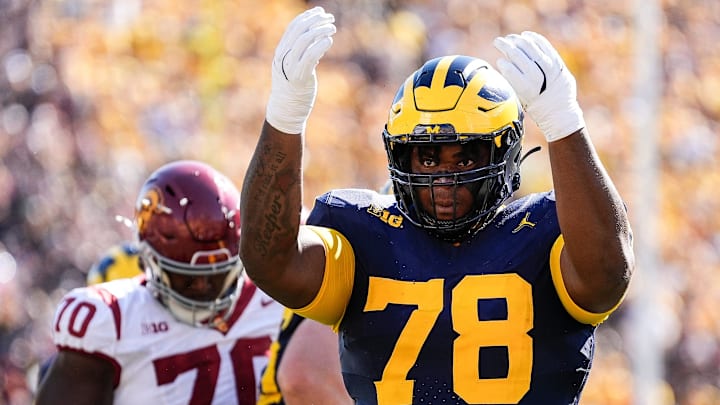 Michigan defensive lineman Kenneth Grant (78) celebrates a tackle against USC during the first half at Michigan Stadium in Ann Arbor on Saturday, Sept. 21, 2024.