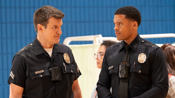 THE ROOKIE - ÒWildfireÓ - Nyla remains suspicious of Liam Glasser as a wildfire erupts, causing chaos in the city. Meanwhile, James tries to help a friend, and Seth makes a costly mistake, putting two of their own in danger. TUESDAY, FEB. 25 ( 9:00-10:00 p.m. EST) on ABC. (Disney/Mike Taing) 
NATHAN FILLION, DERIC AUGUSTINE