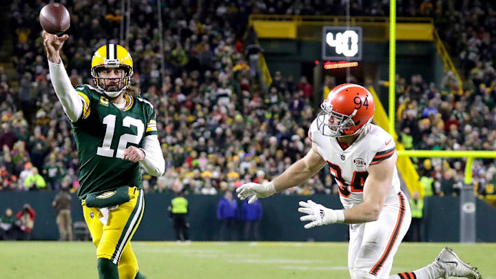 Green Bay Packers quarterback Aaron Rodgers (12) against the Cleveland Browns during their football game on Saturday December 25, 2021, at Lambeau Field in Green Bay, Wis.

Mjs Apc Green Bay Packers Vs Browns 22169 122521wag