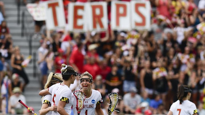 May 26, 2019; Baltimore, MD, USA; Maryland midfielder Jen Giles (5) celebrates after scoring a goal in the NCAA Women's Lacrosse National Championship Final at Homewood Field.