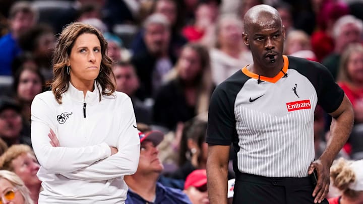 Indiana Fever head coach Stephanie White looks up Tuesday, May 20, 2025, during a game between the Indiana Fever and the Atlanta Dream at Gainbridge Fieldhouse in Indianapolis.