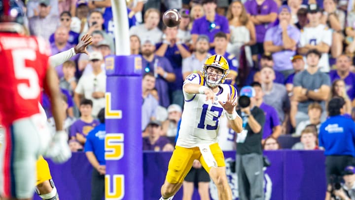 Quarterback Garrett Nussmeier 13 throws a pass as the LSU Tigers take on the Ole Miss Rebels at Tiger Stadium in Baton Rouge, LA. Saturday, Oct. 12, 2024.Saturday, Oct. 12, 2024.