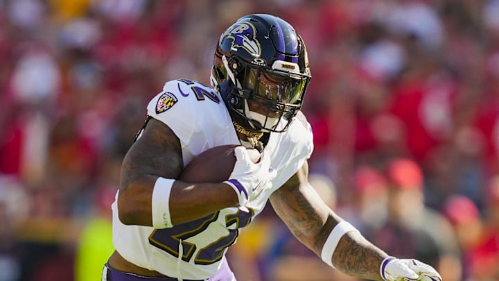 Sep 28, 2025; Kansas City, Missouri, USA; Baltimore Ravens running back Derrick Henry (22) runs the ball during the first half against the Kansas City Chiefs at GEHA Field at Arrowhead Stadium. Mandatory Credit: Jay Biggerstaff-Imagn Images Sep 28, 2025; Kansas City, Missouri, USA; Baltimore Ravens running back Derrick Henry (22) runs the ball during the first half against the Kansas City Chiefs at GEHA Field at Arrowhead Stadium. Mandatory Credit: Jay Biggerstaff-Imagn Images