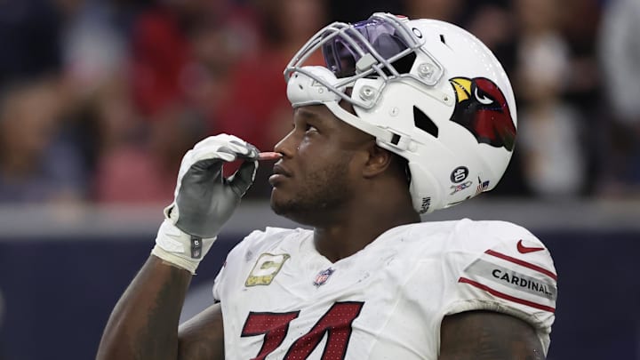 Nov 19, 2023; Houston, Texas, USA; Arizona Cardinals offensive tackle D.J. Humphries (74) smells smelling salts as he and the Houston Texans waits for a call in the second half at NRG Stadium. Mandatory Credit: Thomas Shea-Imagn Images