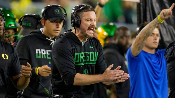Oregon head coach Dan Lanning cheers on his team as the Oregon Ducks host the Portland State Vikings on Sept. 18, 2026, at Autzen Stadium in Eugene, Oregon. Oregon head coach Dan Lanning cheers on his team as the Oregon Ducks host the Portland State Vikings on Sept. 18, 2026, at Autzen Stadium in Eugene, Oregon.