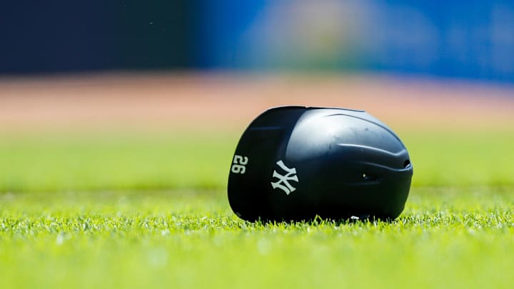 May 21, 2023; Cincinnati, Ohio, USA; The helmet of New York Yankees third baseman DJ LeMahieu (26) during the fifth inning against the Cincinnati Reds at Great American Ball Park. Mandatory Credit: Katie Stratman-Imagn Images