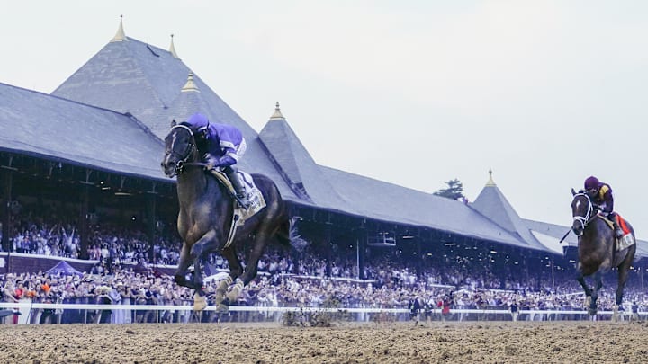 Sovereignty with Junior Alvarado up wins the Belmont Stakes at Saratoga Race Course. 